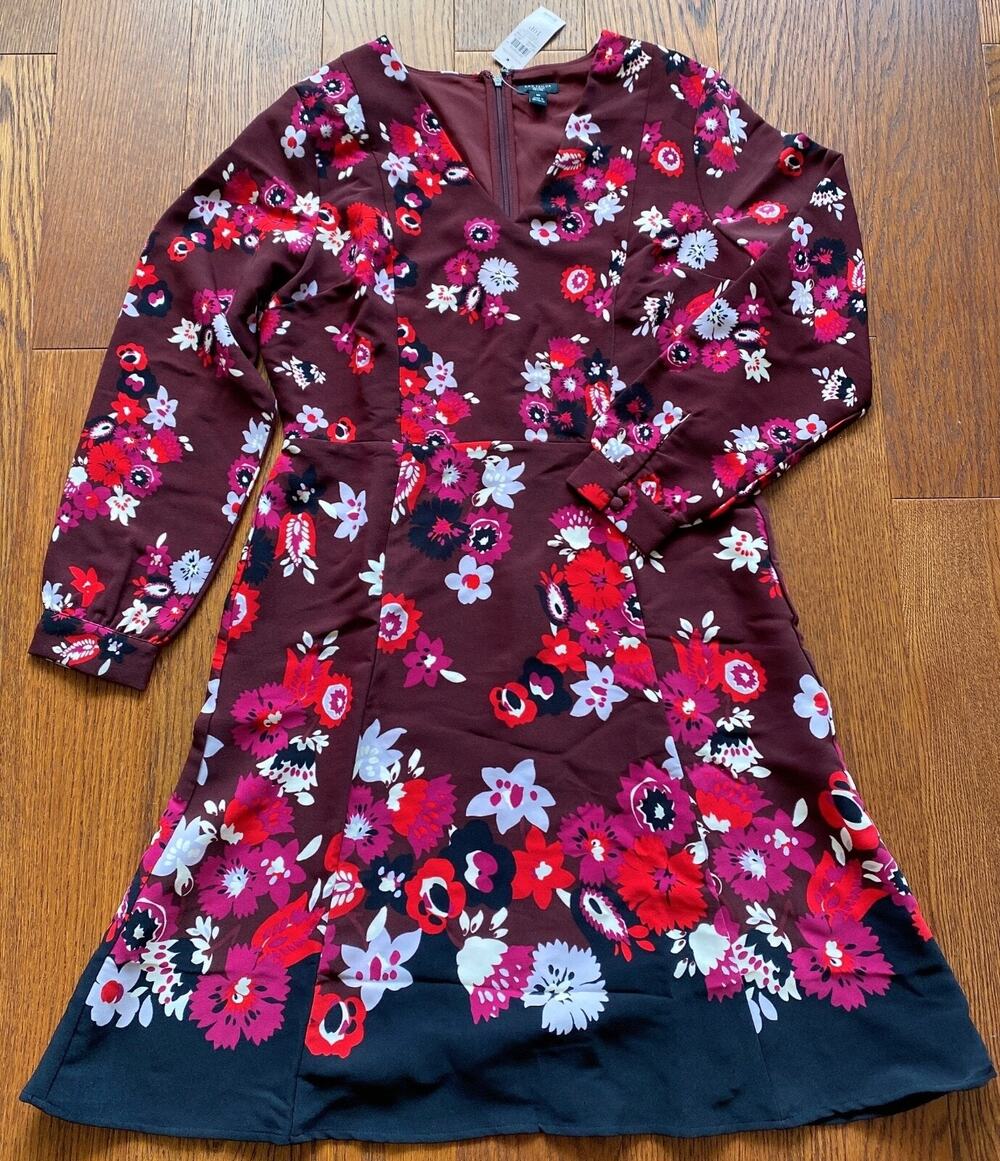 NWT Ann Taylor Burgundy Floral Long Sleeve V Neck Dress Size 10P MRSP $119.99